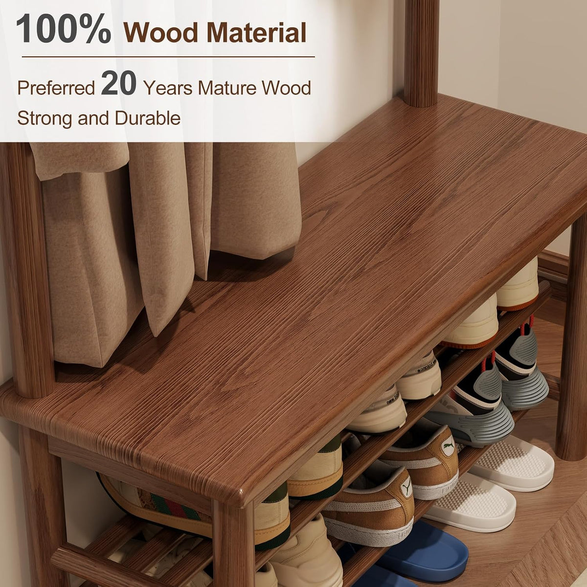 Wooden Hall Tree with Bench and Shoe Storage, 3-in-1 Entryway Coat Rack with 11 Hooks - iKaslandi
