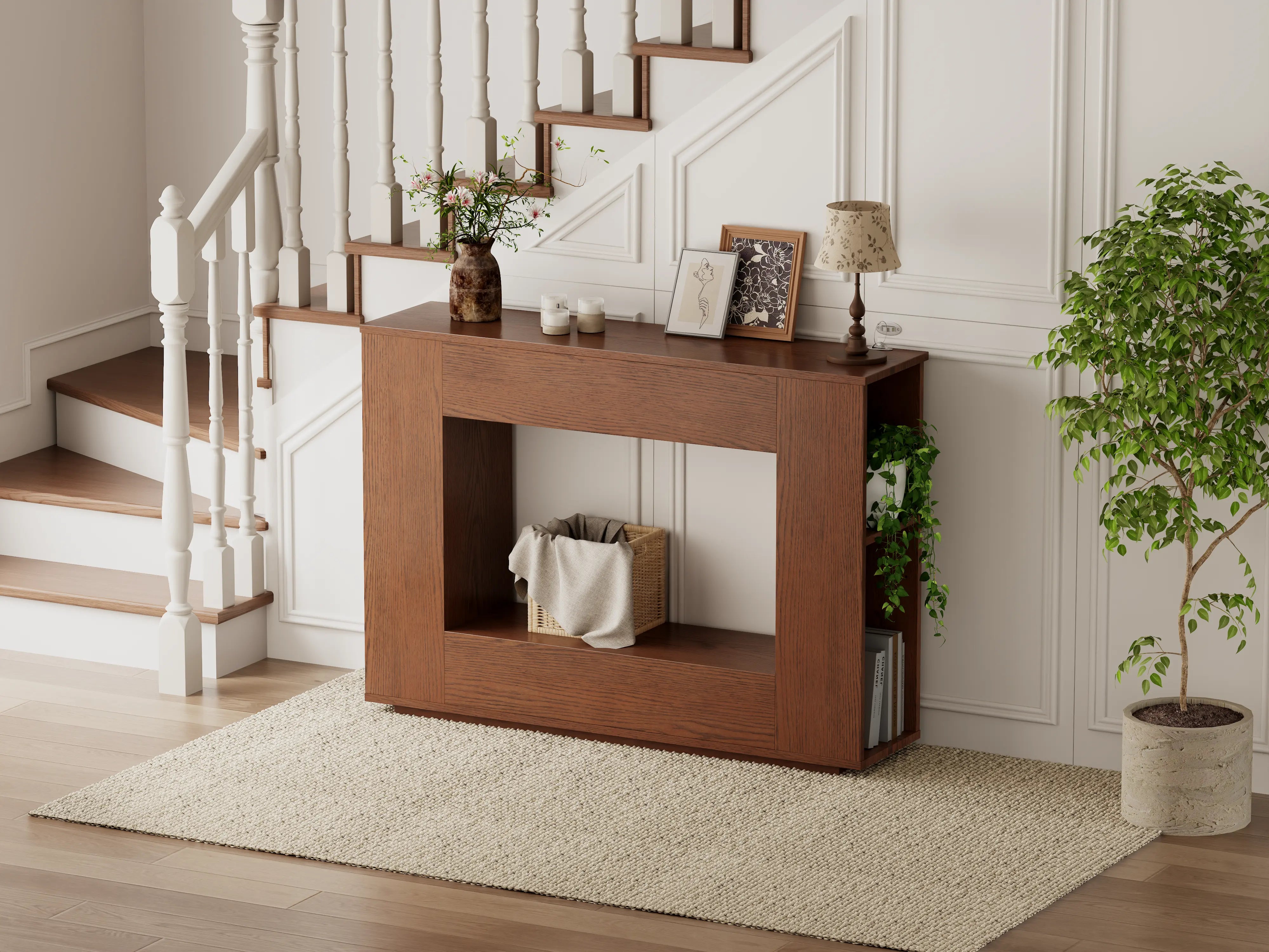 Walnut Console Table with Side Storage Shelves
