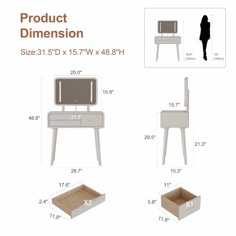 Solid Wood Vanity Desk with Detachable Lighted Mirror | Converts to Writing Desk - iKaslandi