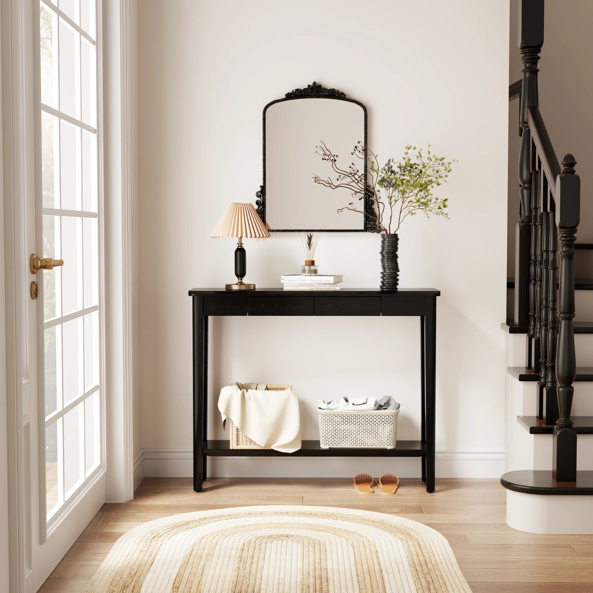 Solid Wood Entryway Console Table with Drawers and Bottom Storage Shelf - iKaslandi