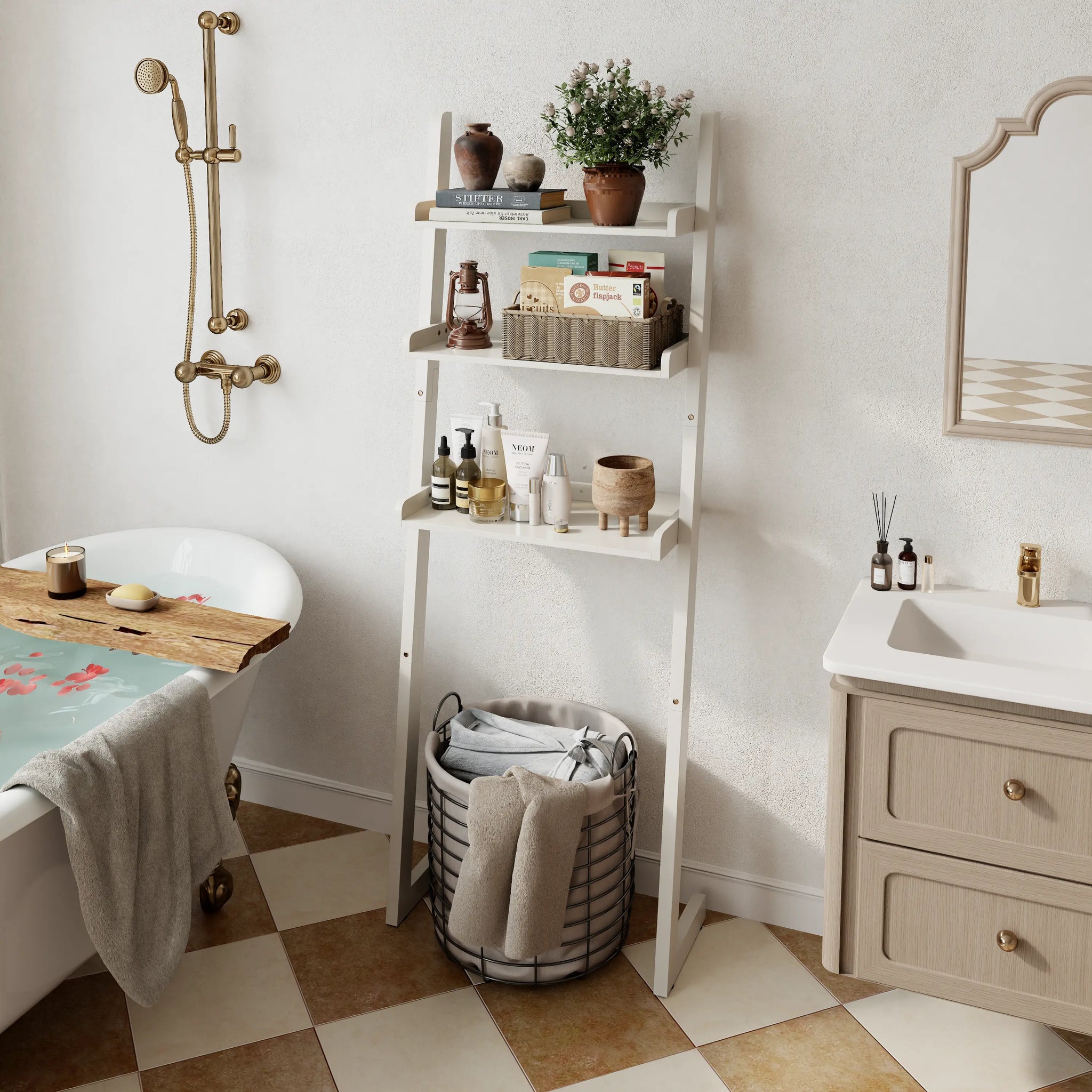 Over - the - Toilet Ladder Shelf - 3 - Tier Solid Wood Bathroom Storage - iKaslandi