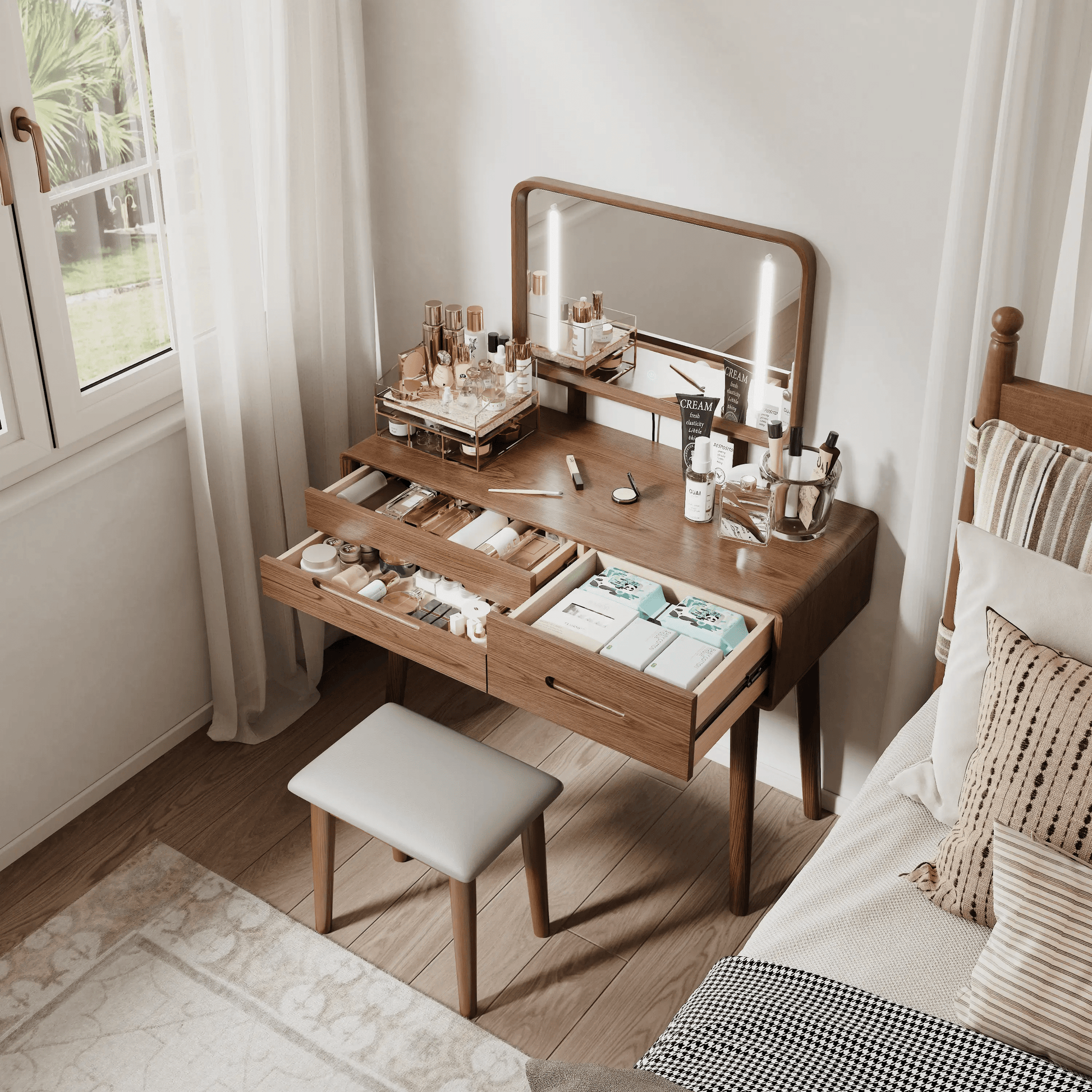 Solid Wood Vanity Desk with Detachable Lighted Mirror | Converts to Writing Desk - iKaslandi