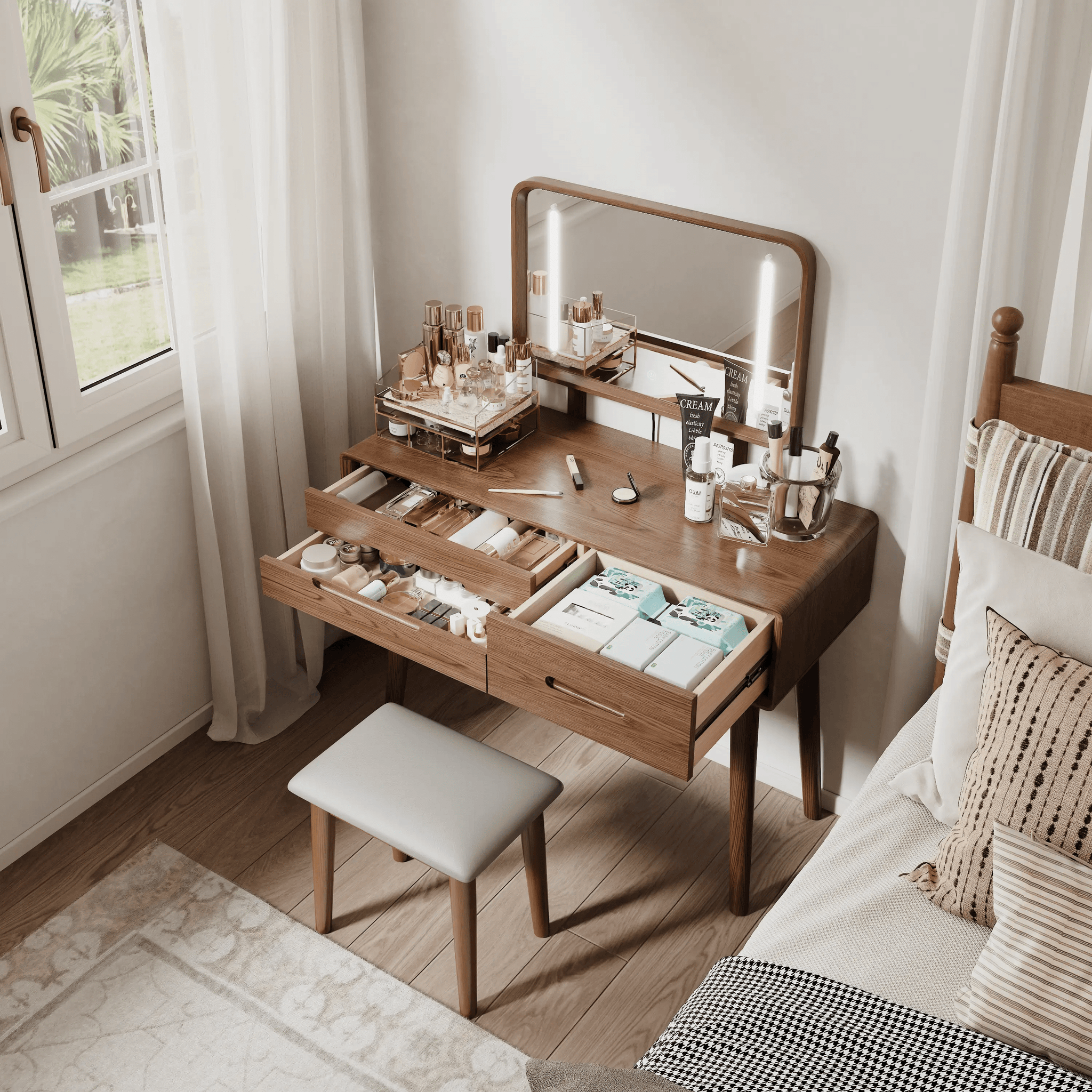 Solid Wood Vanity Desk with Detachable Lighted Mirror | Converts to Writing Desk - iKaslandi