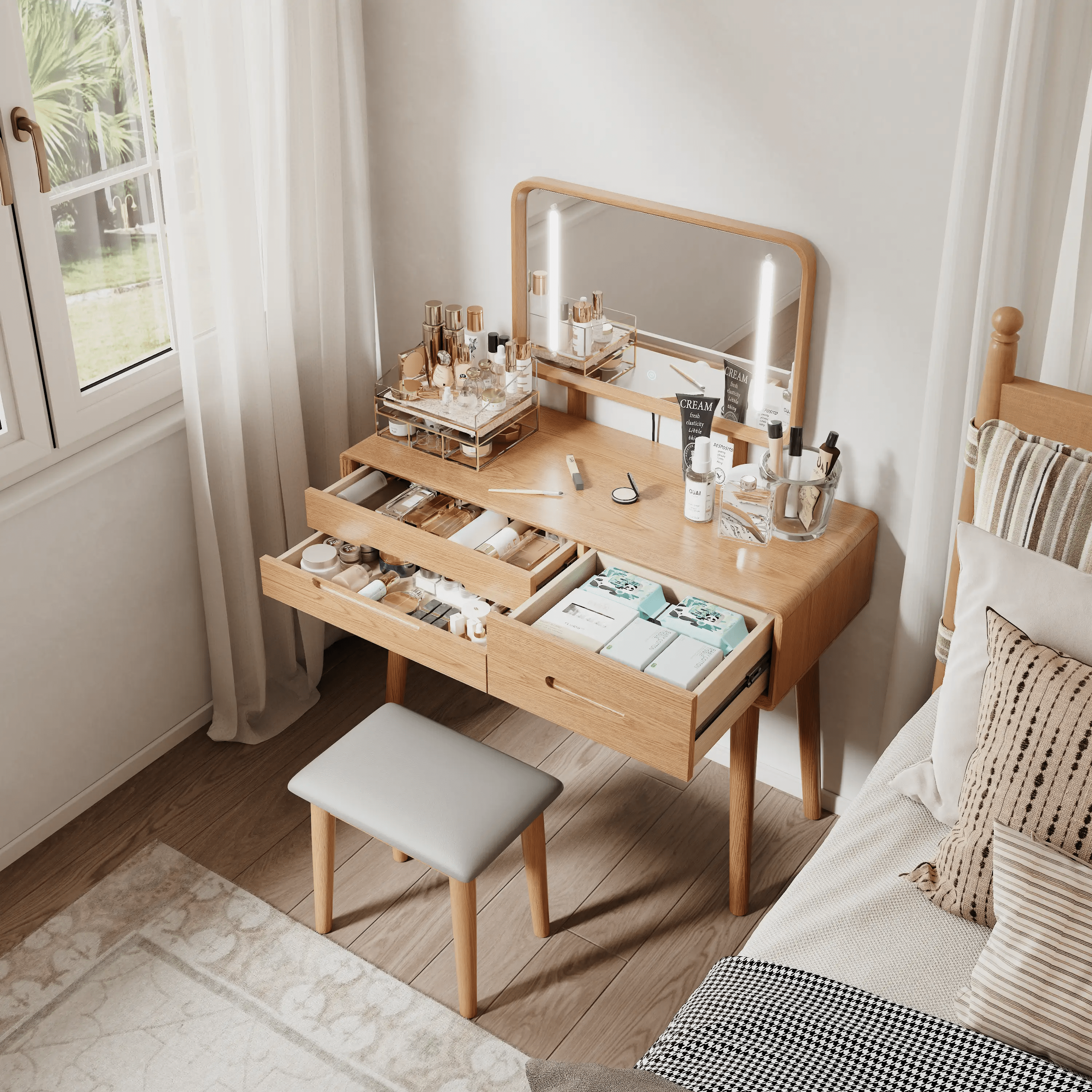 Solid Wood Vanity Desk with Detachable Lighted Mirror | Converts to Writing Desk - iKaslandi
