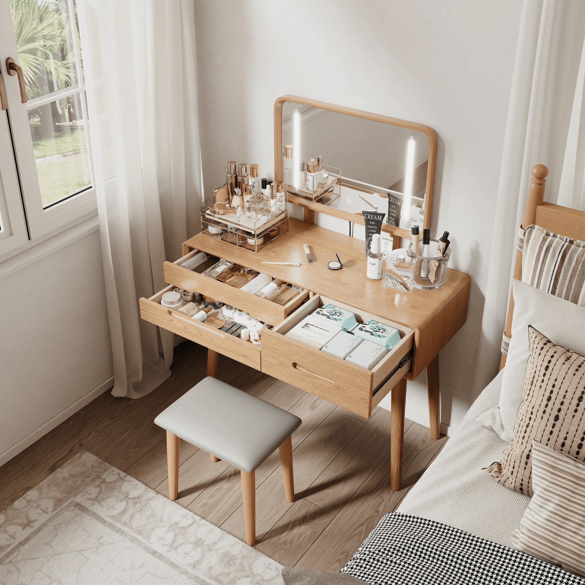 Solid Wood Vanity Desk with Detachable Lighted Mirror | Converts to Writing Desk - iKaslandi