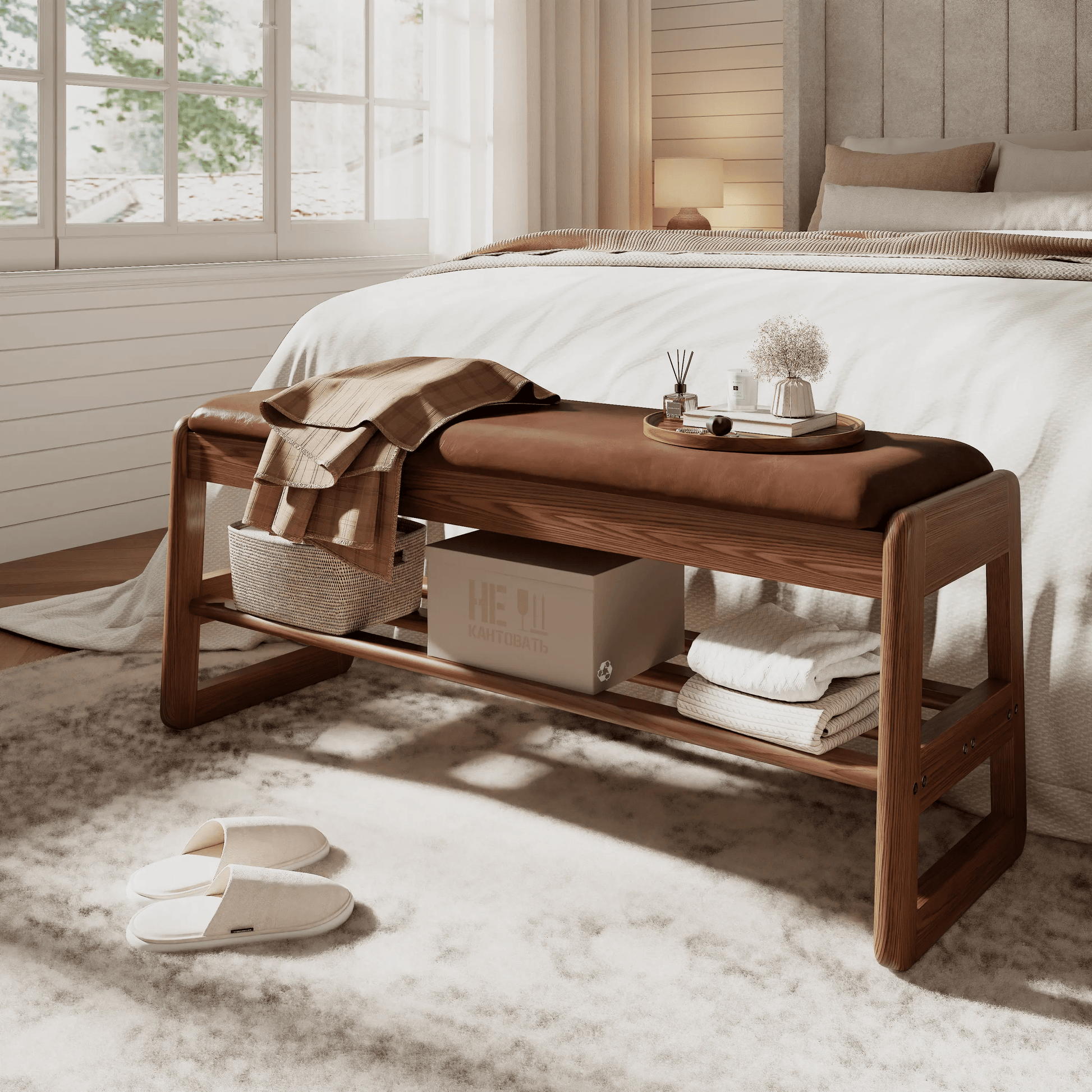 Solid Wood Storage Entryway Bench with Shoe Rack & Padded Seat - iKaslandi