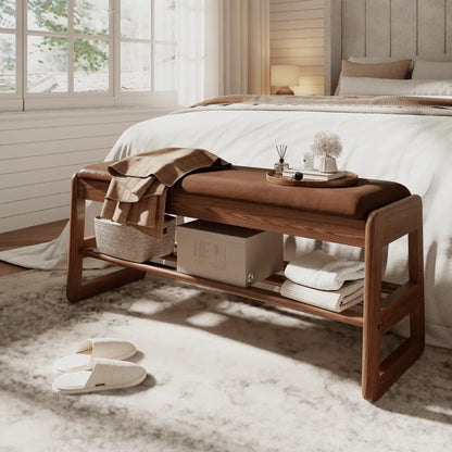 Brown 39.3-inch bench used at the foot of a bed