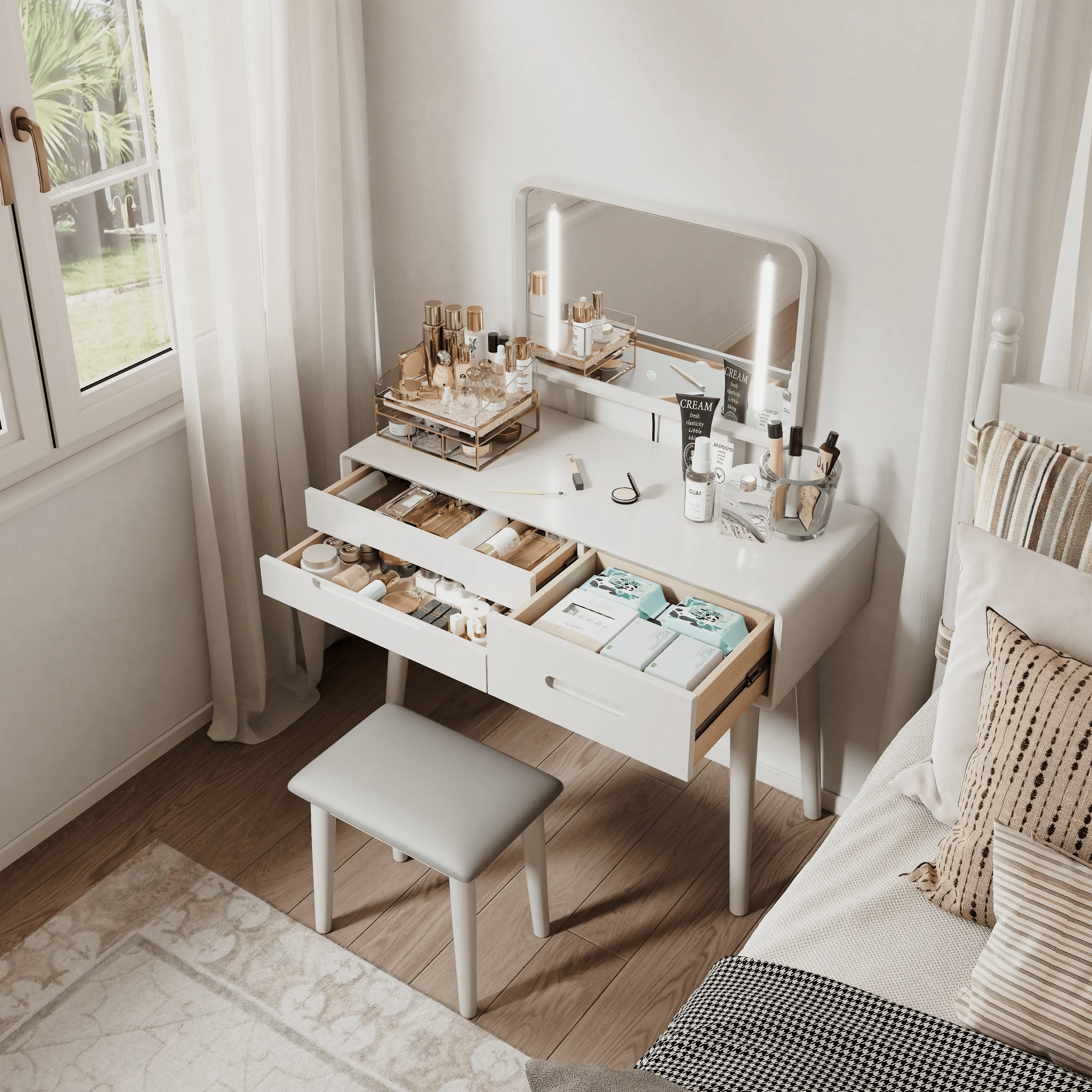 Solid Wood Vanity Desk with Detachable Lighted Mirror | Converts to Writing Desk - iKaslandi