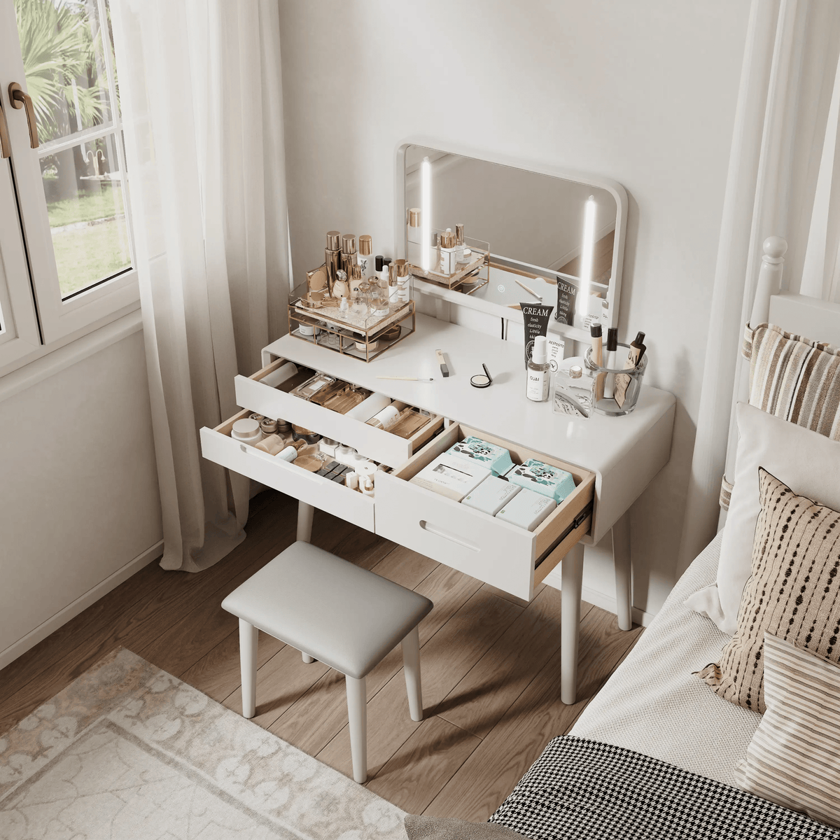 Solid Wood Vanity Desk with Detachable Lighted Mirror | Converts to Writing Desk - iKaslandi