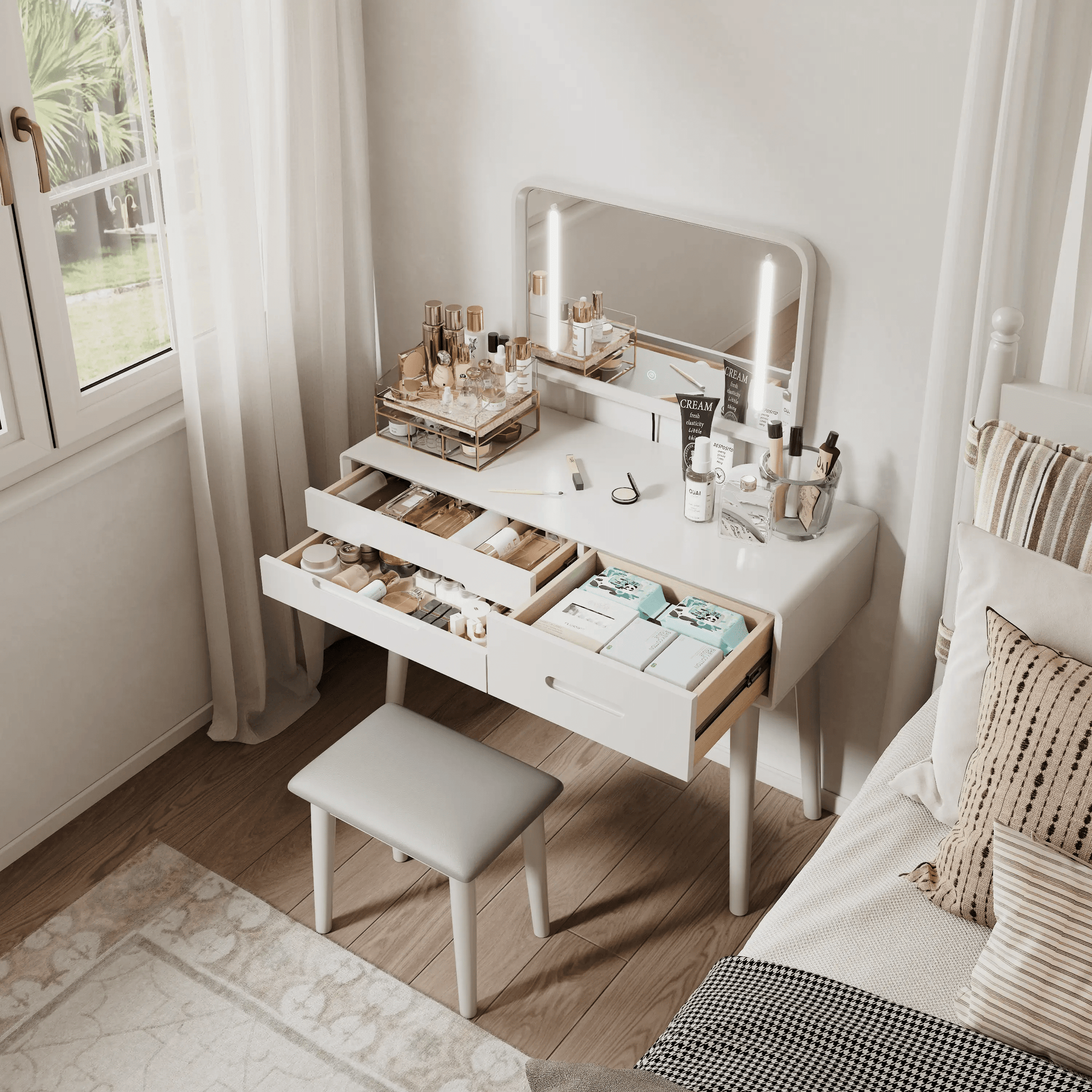 Solid Wood Vanity Desk with Detachable Lighted Mirror | Converts to Writing Desk - iKaslandi