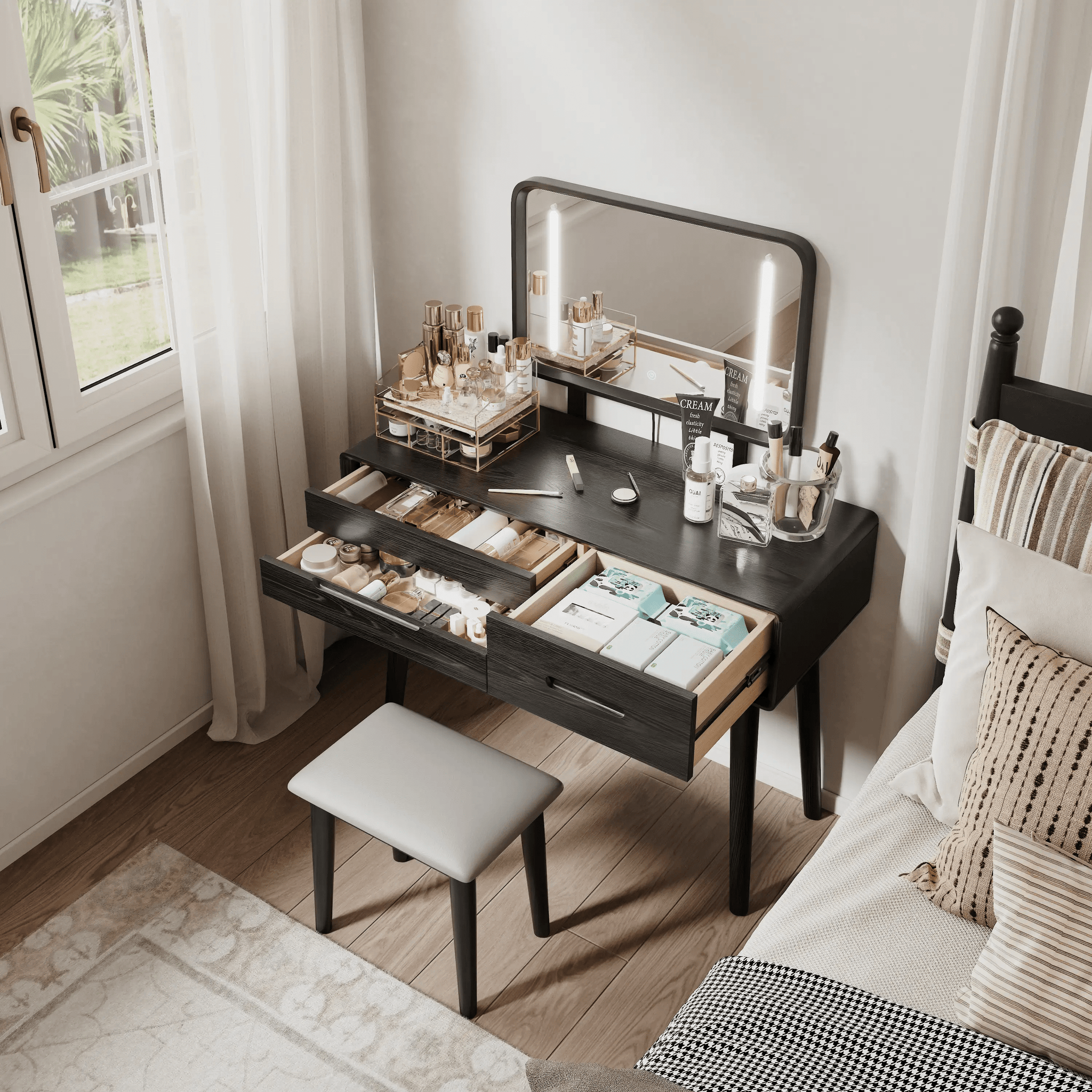 Solid Wood Vanity Desk with Detachable Lighted Mirror | Converts to Writing Desk - iKaslandi