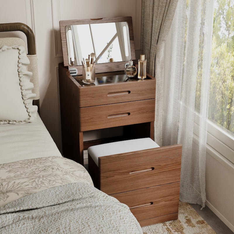 Solid Wood LED Vanity Desk with Chair, Space Saving Makeup Table - iKaslandi
