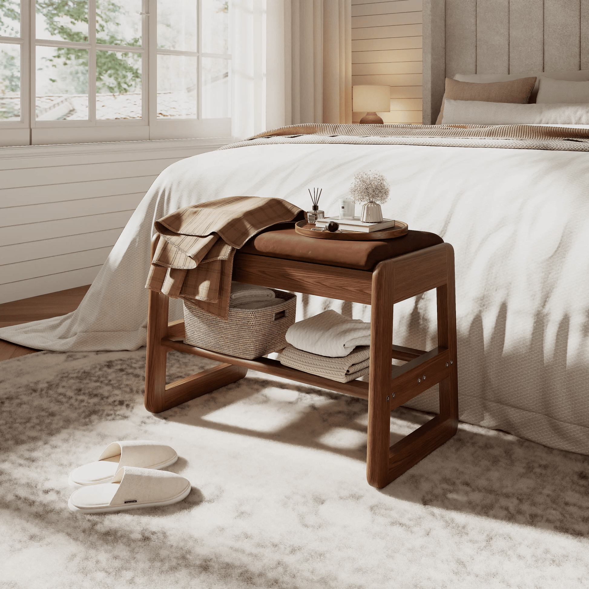Solid Wood Storage Entryway Bench with Shoe Rack & Padded Seat - iKaslandi