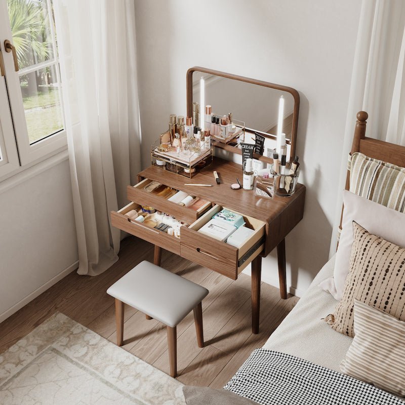 Solid Wood Vanity Desk with Detachable Lighted Mirror | Converts to Writing Desk - iKaslandi