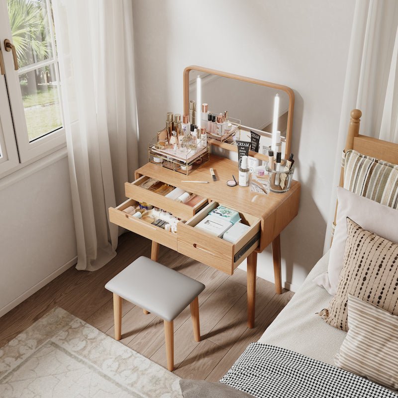 Solid Wood Vanity Desk with Detachable Lighted Mirror | Converts to Writing Desk - iKaslandi