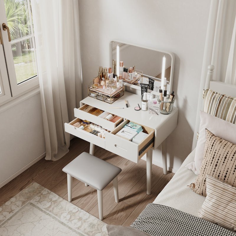 Solid Wood Vanity Desk with Detachable Lighted Mirror | Converts to Writing Desk - iKaslandi
