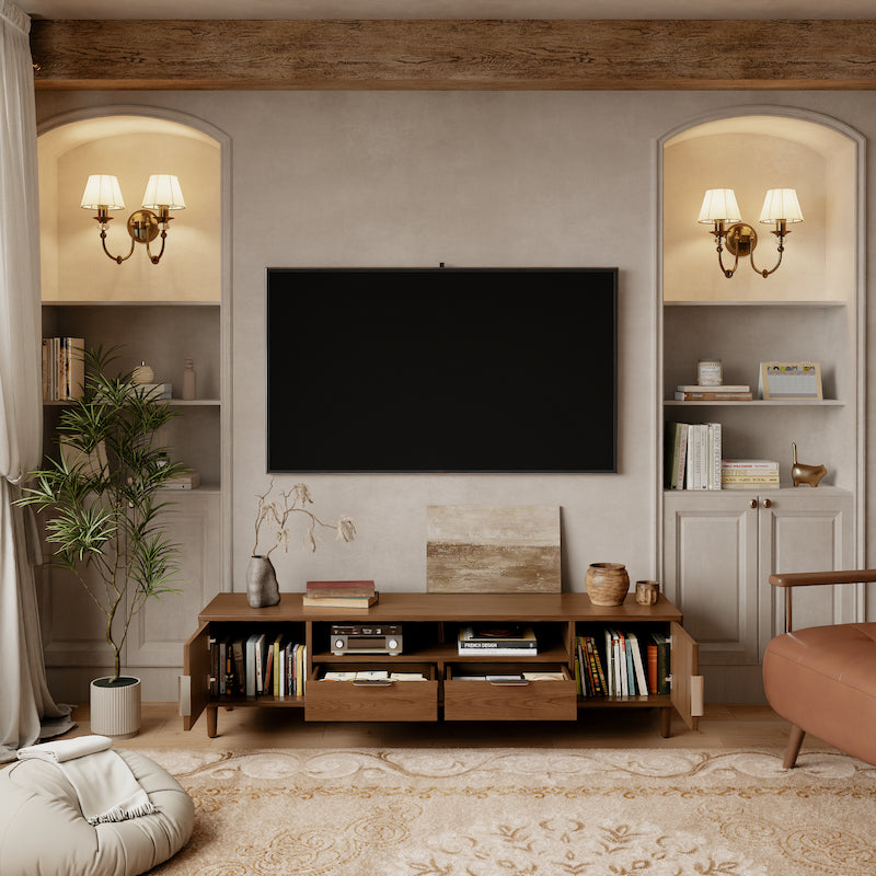 Fluted TV Stand with Storage Drawers and Cabinet — Fits 55