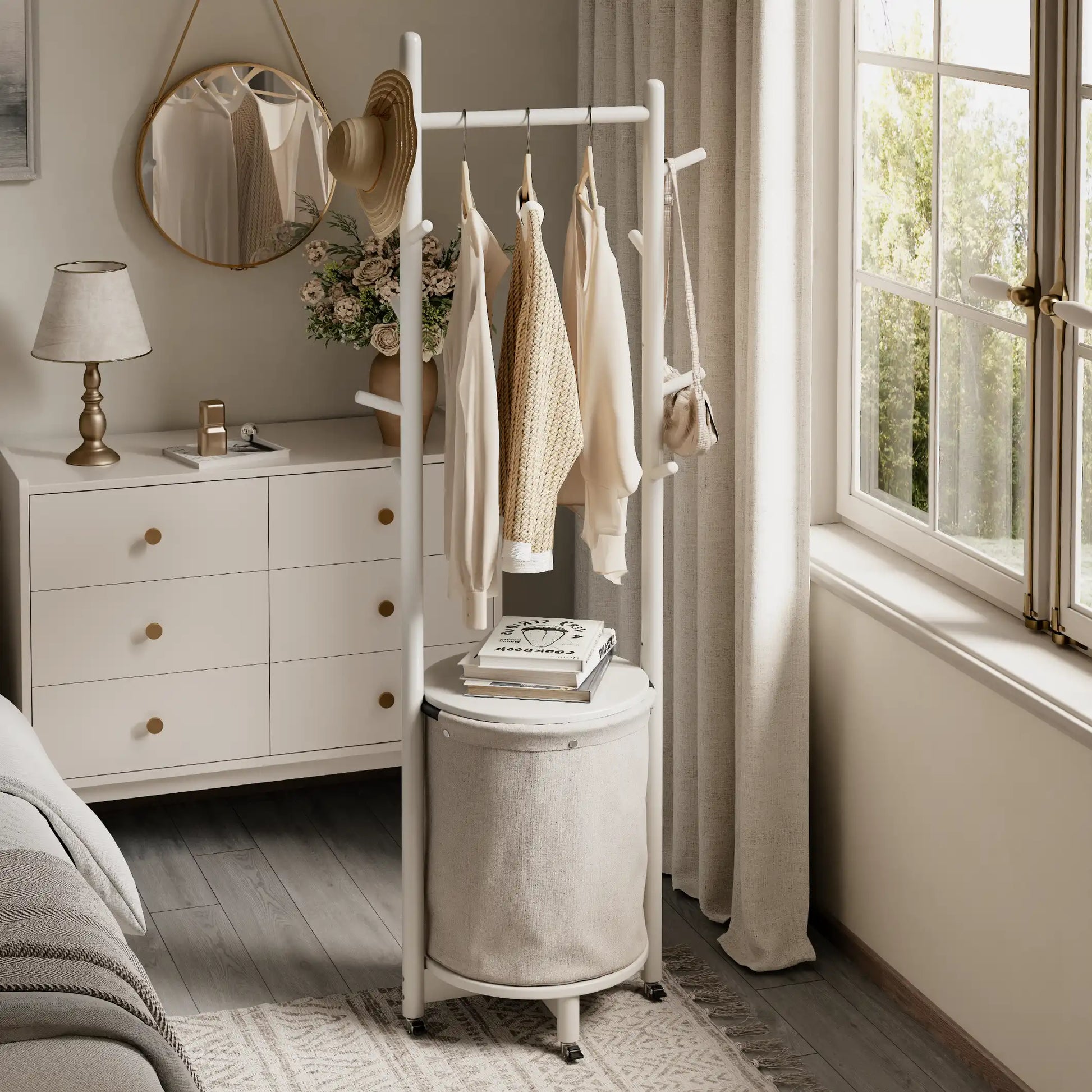 Solid Wood Coat Rack Stand with Laundry Hamper & Storage Shelf - iKaslandi