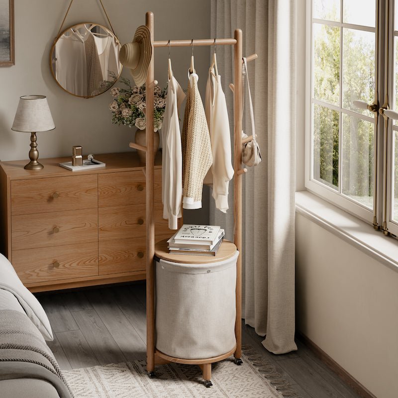 Solid Wood Coat Rack Stand with Laundry Hamper & Storage Shelf - iKaslandi