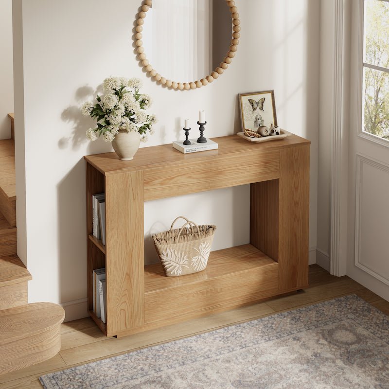 Walnut Console Table with Side Storage Shelves - iKaslandi