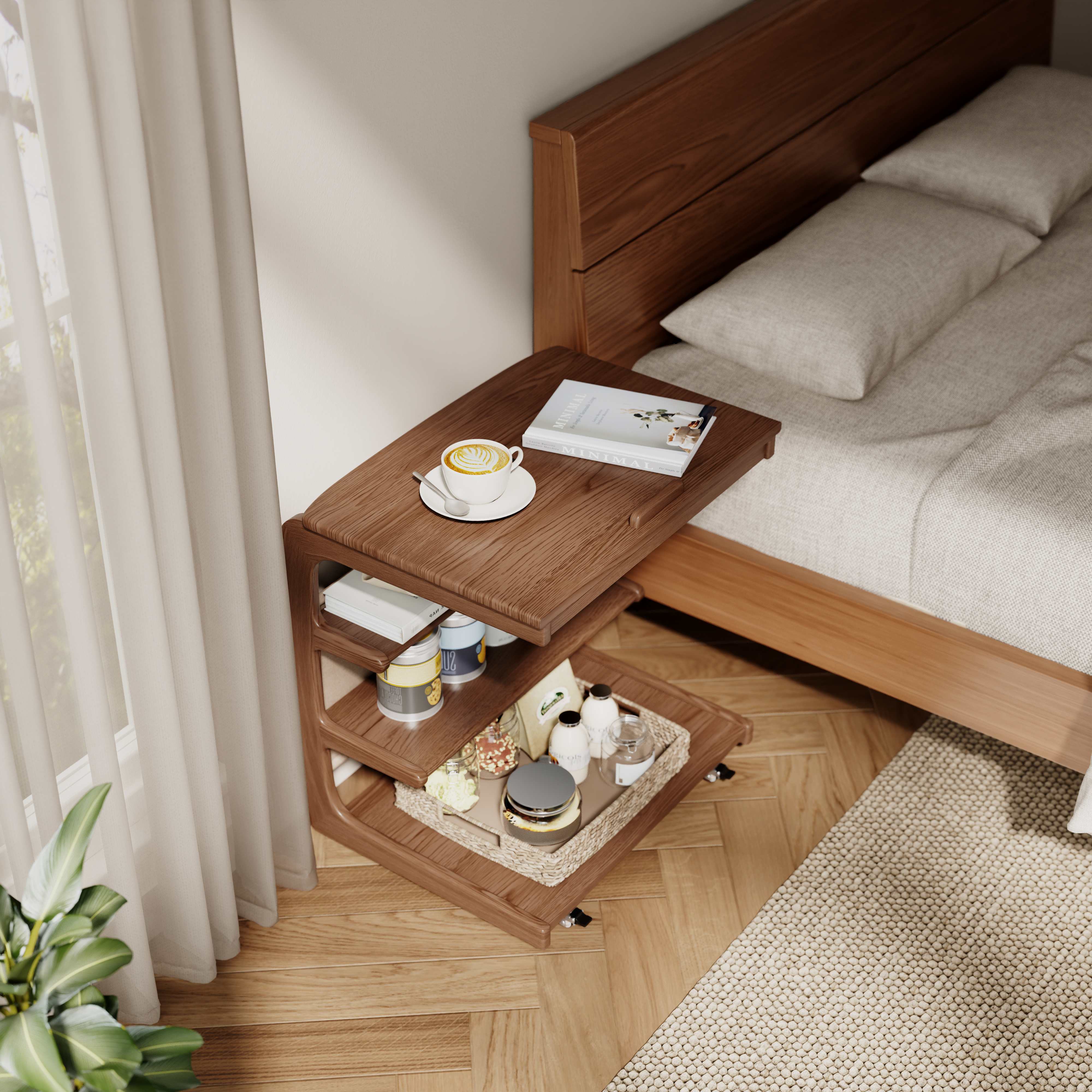 Solid Wood C-Shaped Table for Couch with 3-Tier Storage