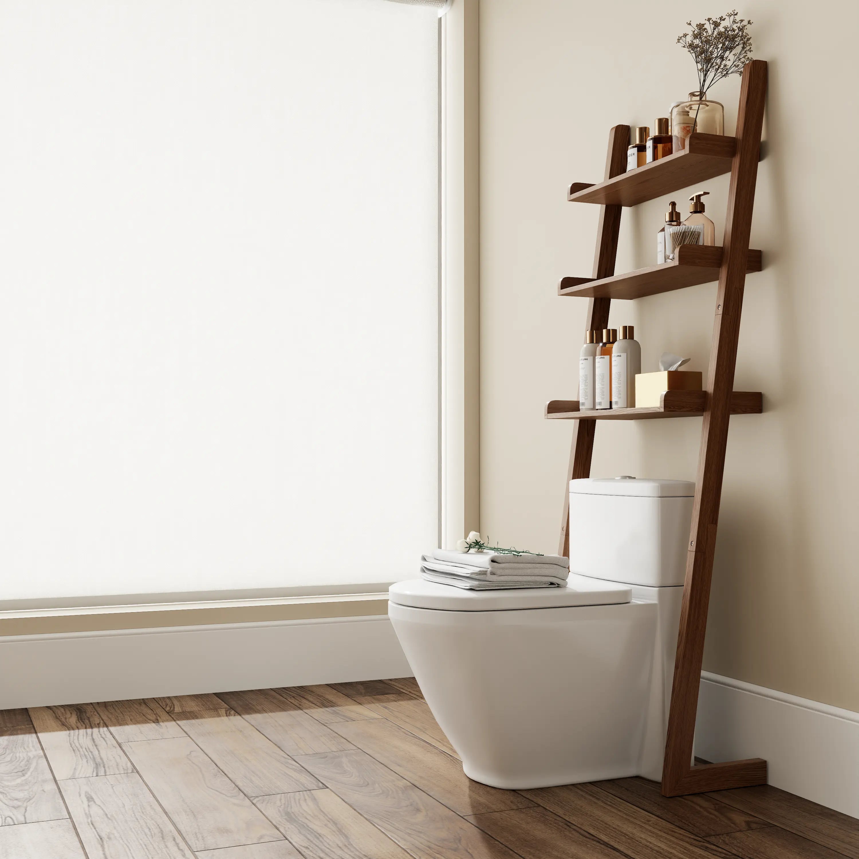 Over - the - Toilet Ladder Shelf - 3 - Tier Solid Wood Bathroom Storage - iKaslandi