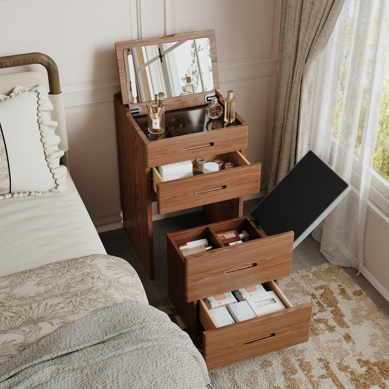 Solid Wood LED Vanity Desk with Chair, Space Saving Makeup Table - iKaslandi