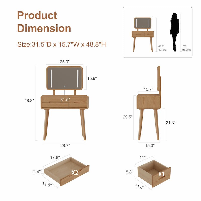 Solid Wood Vanity Desk with Detachable Lighted Mirror | Converts to Writing Desk - iKaslandi