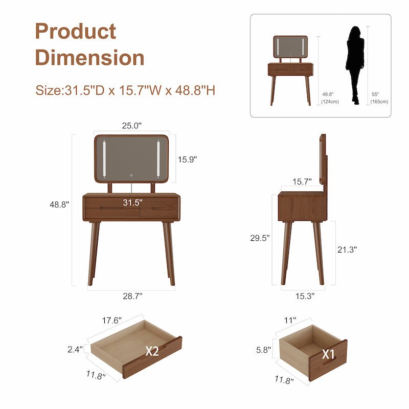 Solid Wood Vanity Desk with Detachable Lighted Mirror | Converts to Writing Desk - iKaslandi
