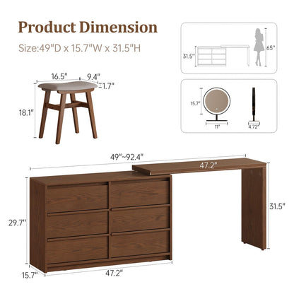 Solid Wood Makeup Vanity Desk with 6 Drawers and Adjustable Shelves
