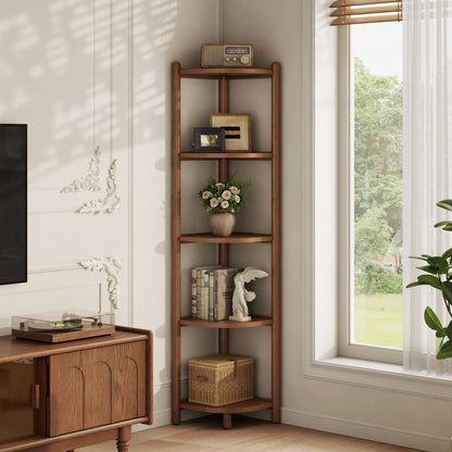 5 Tier Solid Wood Corner Shelf, Space Saving Corner Bookcase for Small Spaces - iKaslandi