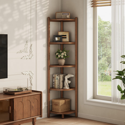 5 Tier Solid Wood Corner Shelf, Space Saving Corner Bookcase for Small Spaces - iKaslandi