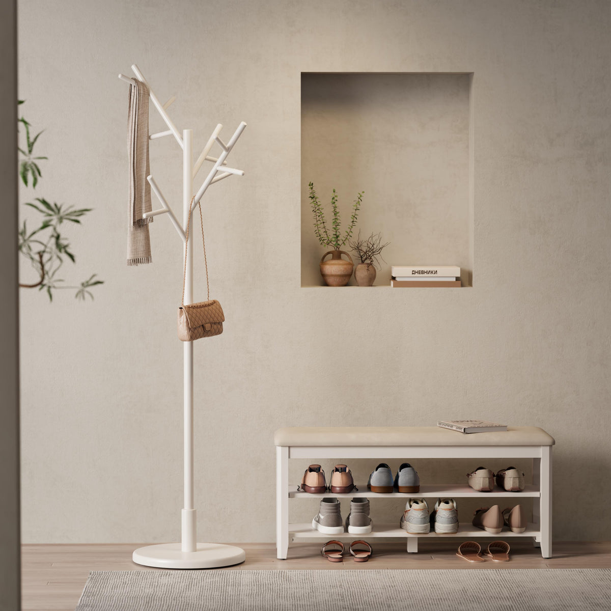 Solid Wood Freestanding Coat Rack with 12 Hooks and 3 Adjustable Heights