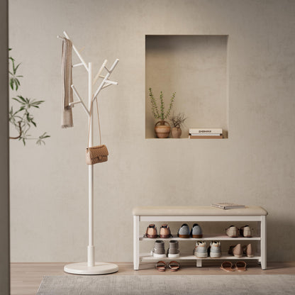 Solid Wood Freestanding Coat Rack with 12 Hooks and 3 Adjustable Heights