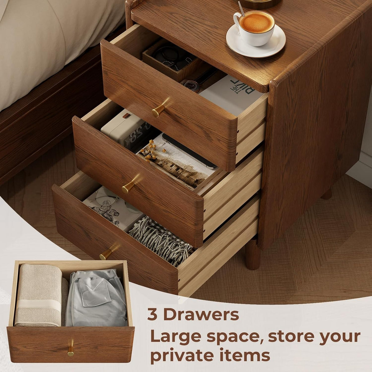 Solid Wood Nightstand with 3 Drawers, Mid Century Modern Bedside Table - iKaslandi