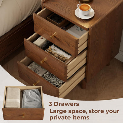 Solid Wood Nightstand with 3 Drawers, Mid Century Modern Bedside Table - iKaslandi