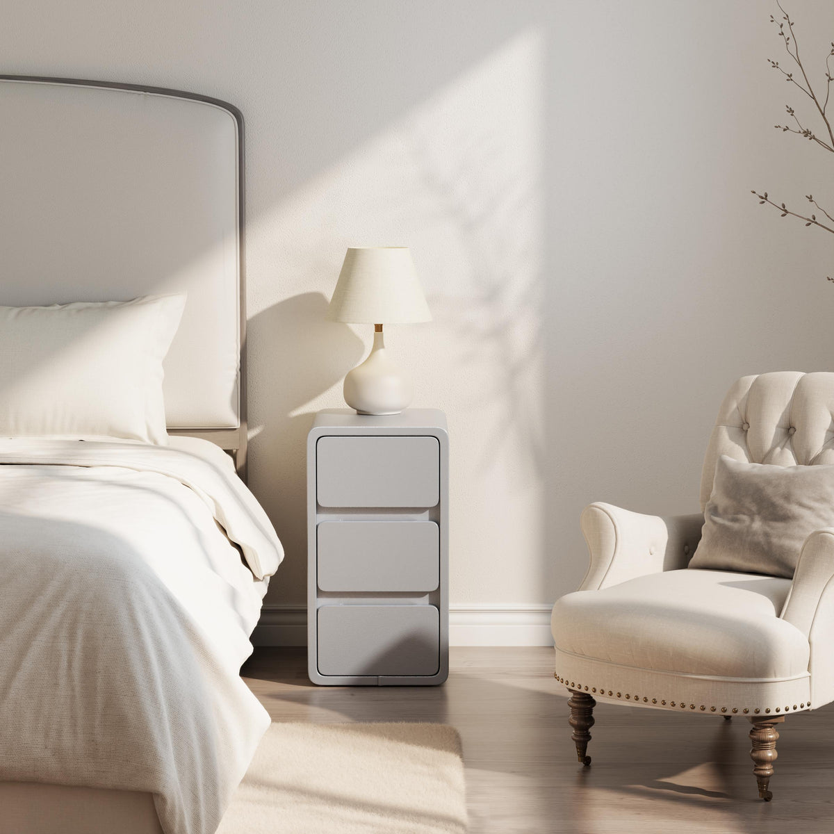 Narrow Bedside Table with 2 or 3 Drawers, Solid Wood Body and Leather-Coated Surface, Pre-Assembled - iKaslandi