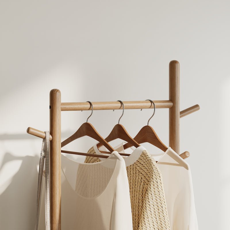 Solid Wood Coat Rack Stand with Laundry Hamper & Storage Shelf - iKaslandi