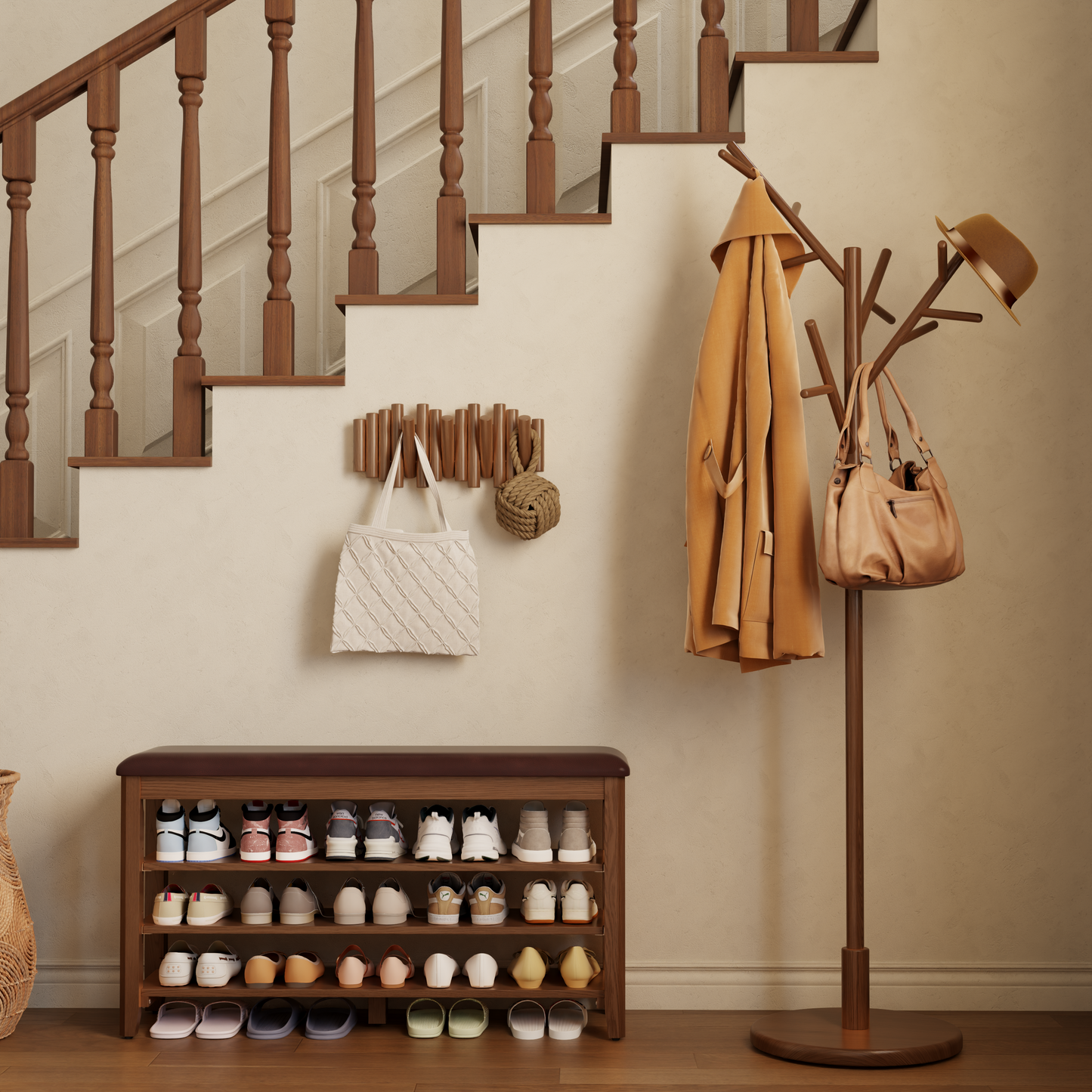 Coat Rack,Solid Wood Coat Rack Freestanding with 12 Hooks,Tree-Shaped Coat Rack 3 Adjustable Heights,Coat Tree for Clothes, Hats, Handbags, Coat Rack Stand for Entryway,Bedroom