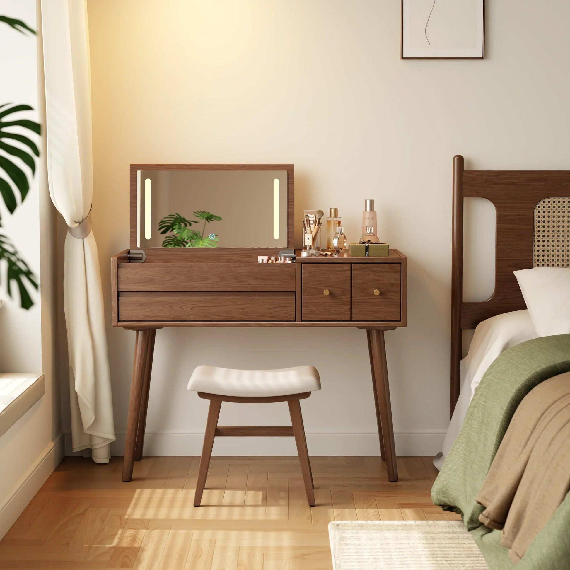 Solid Wood Makeup Vanity with Mirror & Lights (3 - 4 Drawers) - Kaslandi Furniture