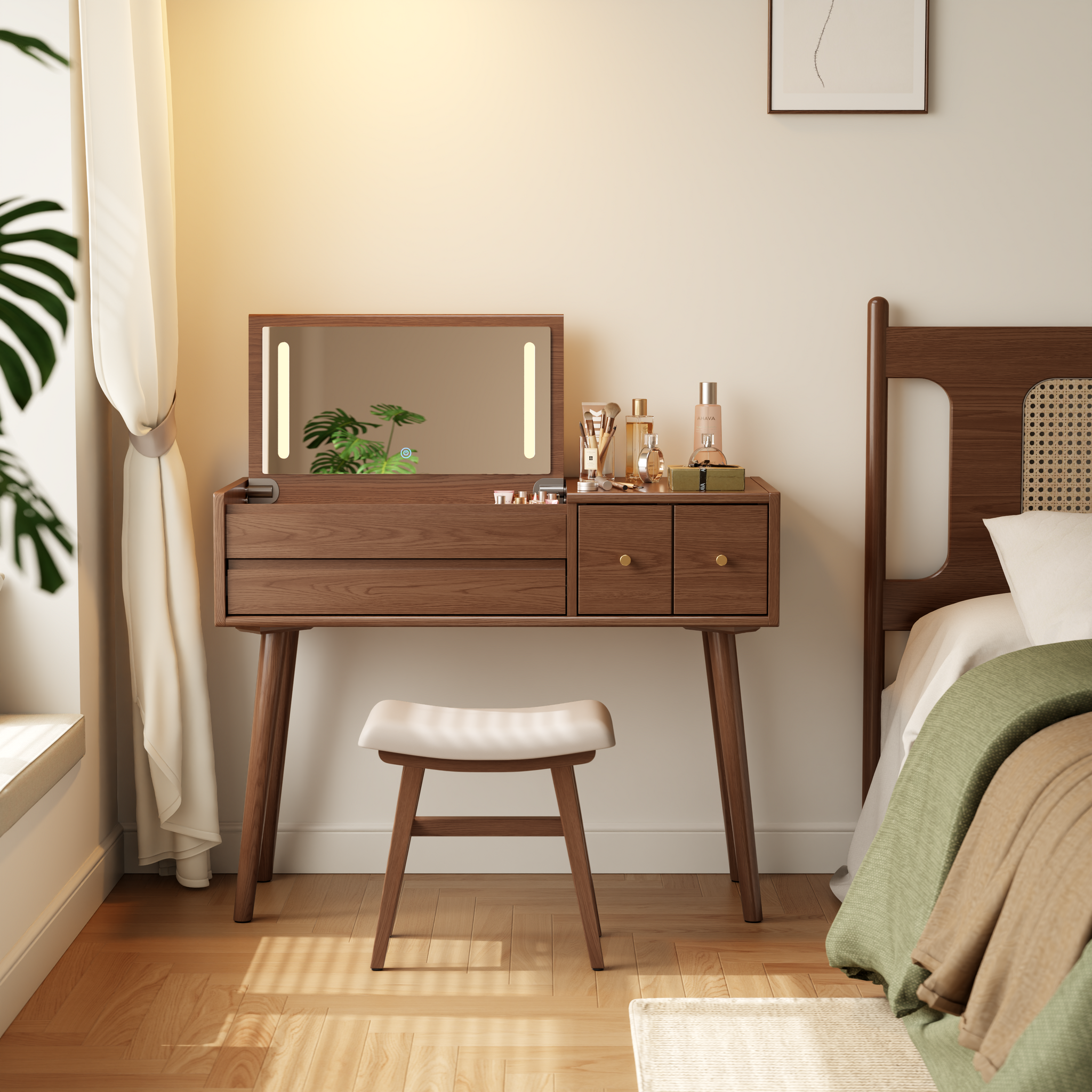 Vanity Desk with Mirror and Lights, Wooden Makeup Vanity Table with 3 or 4 Drawers