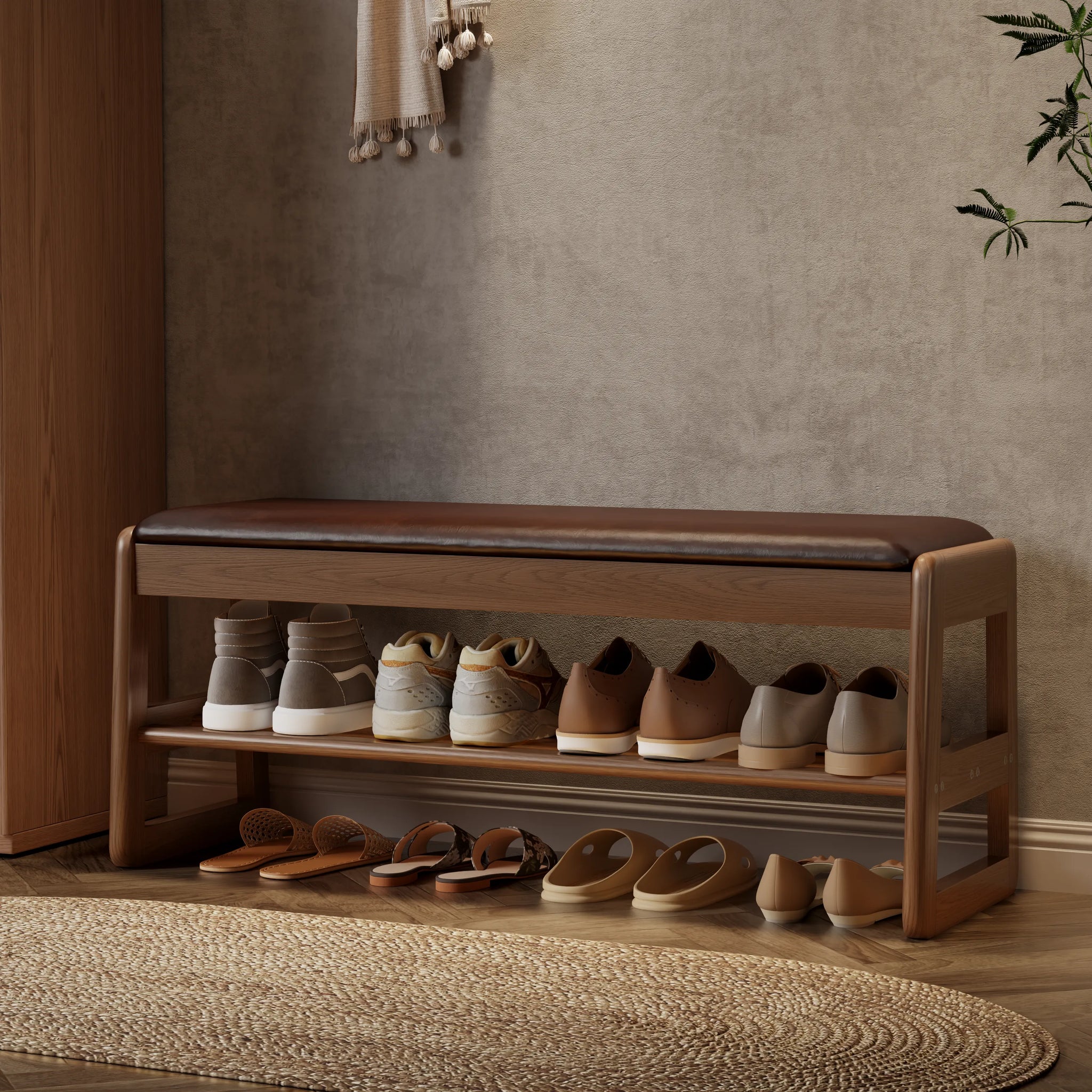 Solid Wood Storage Entryway Bench with Shoe Rack & Padded Seat - Kaslandi Furniture