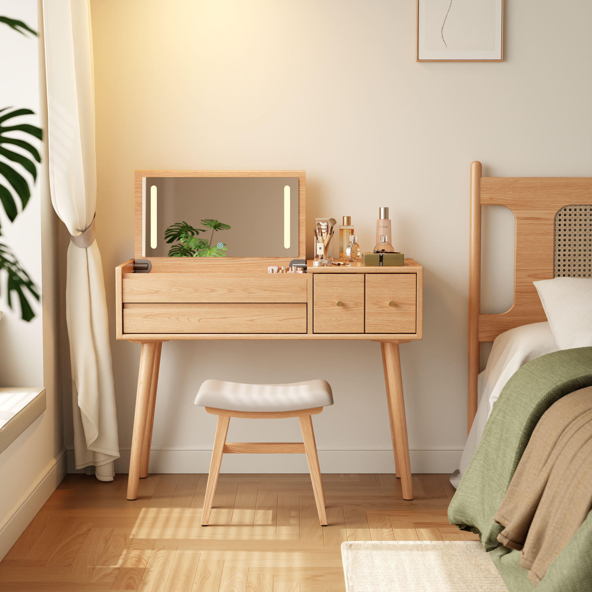 Vanity Desk with Mirror and Lights, Wooden Makeup Vanity Table with 3 or 4 Drawers