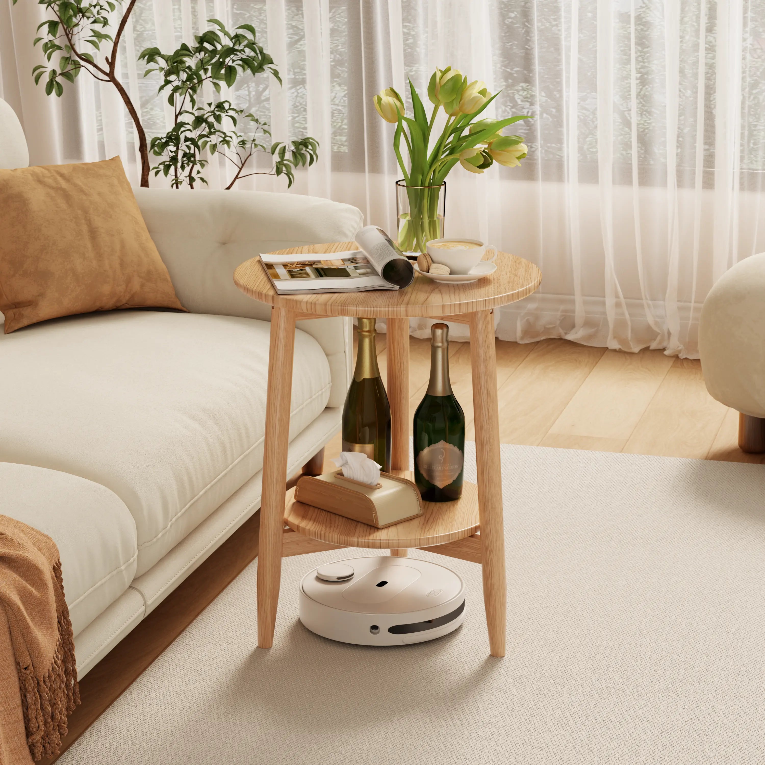 Round Solid Wood Side Table with Storage Shelf