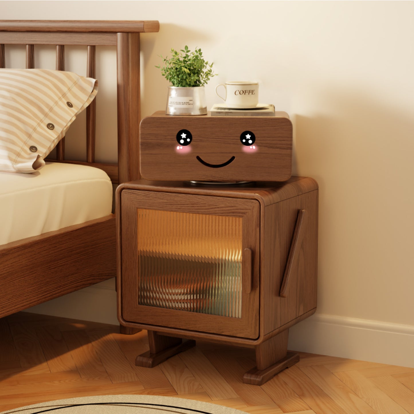 Robot Solid Wood Nightstand, Led Nightstand with 360°Rotating Drawer, Creative Nightstand with Drawers, Easily Assembly,Bedside Table for Bedroom,Living Room