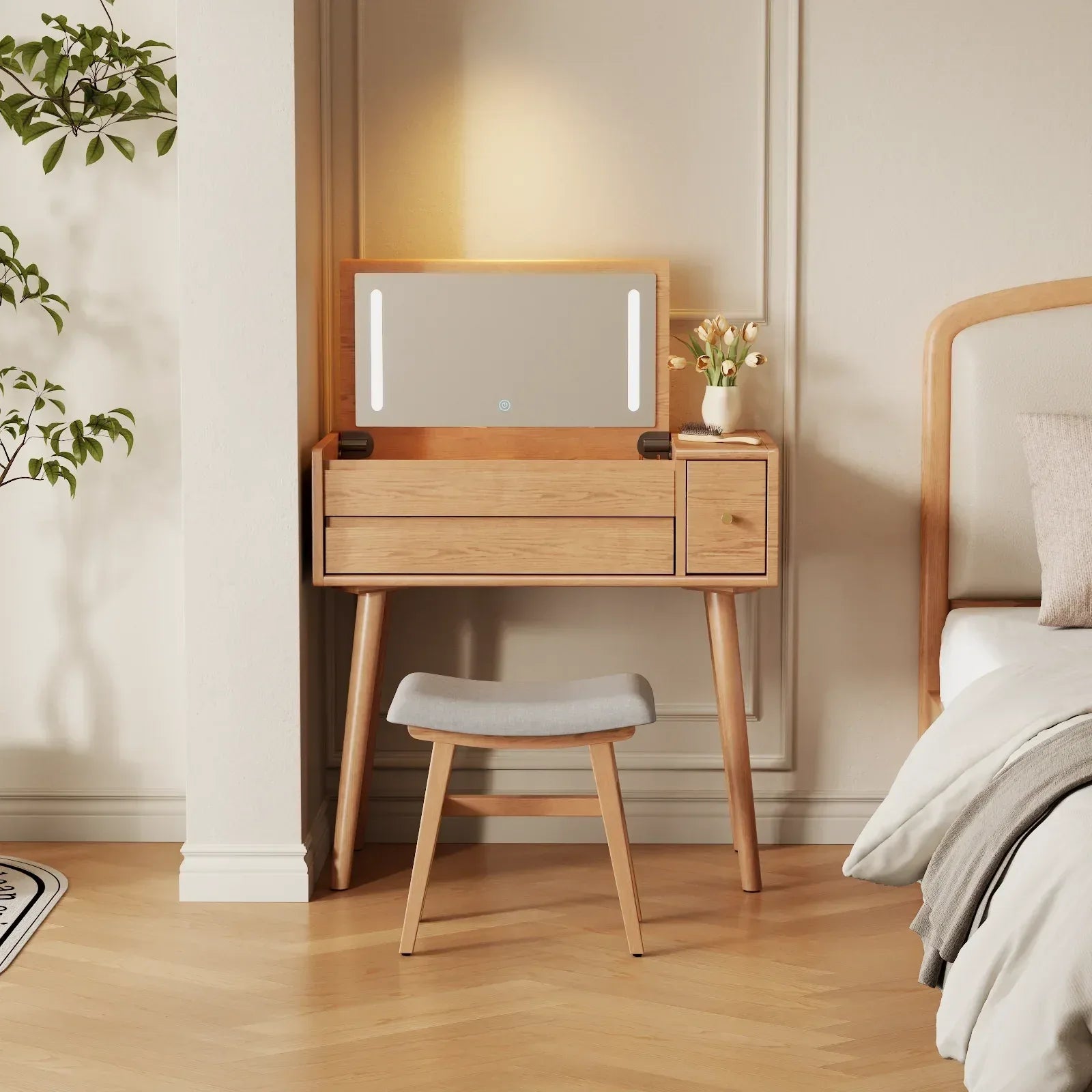 Solid Wood Makeup Vanity with Mirror & Lights (3 - 4 Drawers) - Kaslandi Furniture