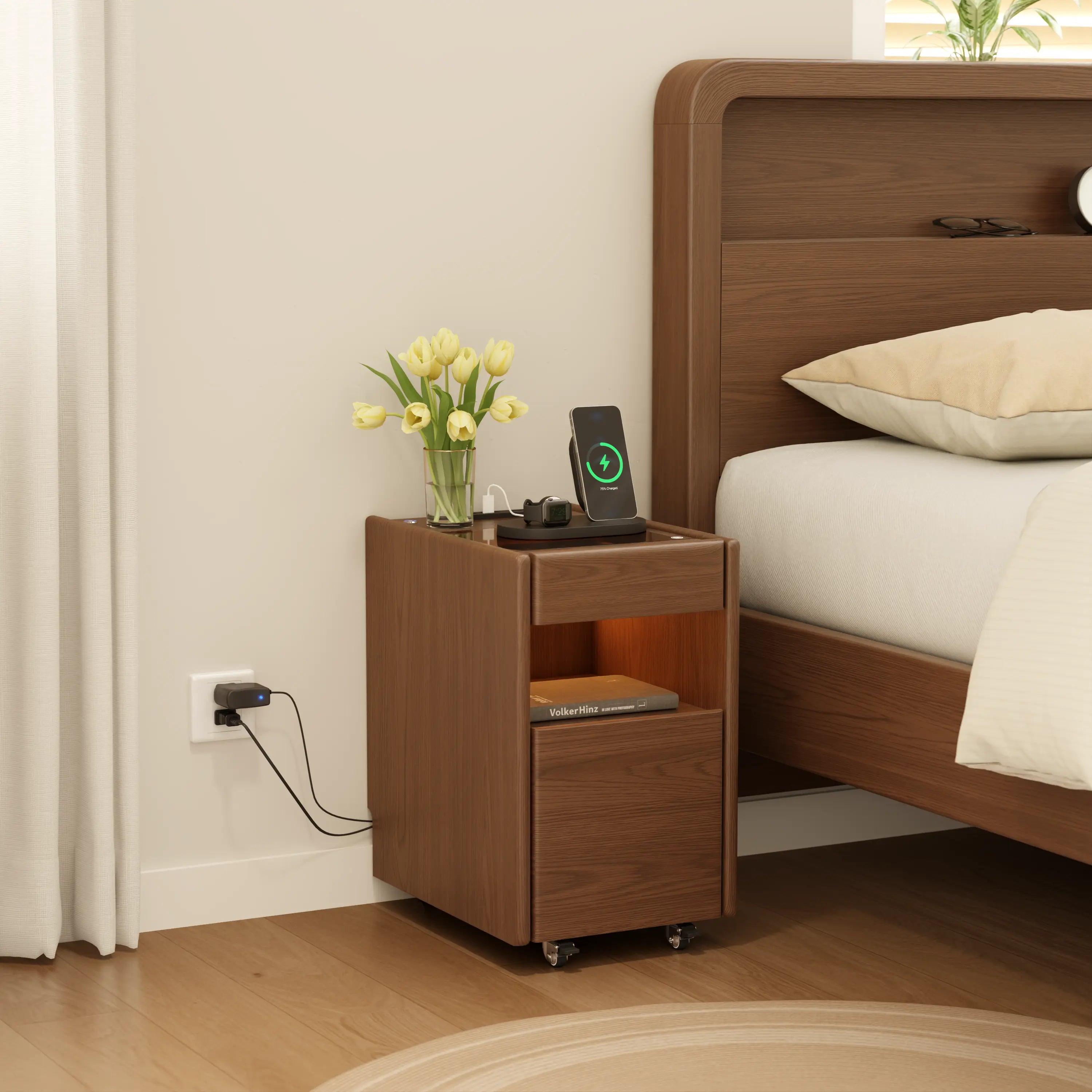 Smart Nightstand with Hidden Secret Drawer, Jewelry Storage & USB Charging - iKaslandi