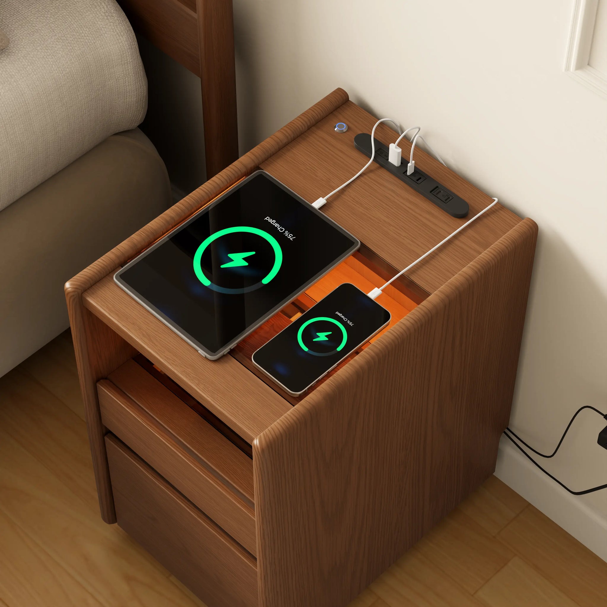 Smart Nightstand with LED Light & Wireless Charging - Kaslandi Furniture