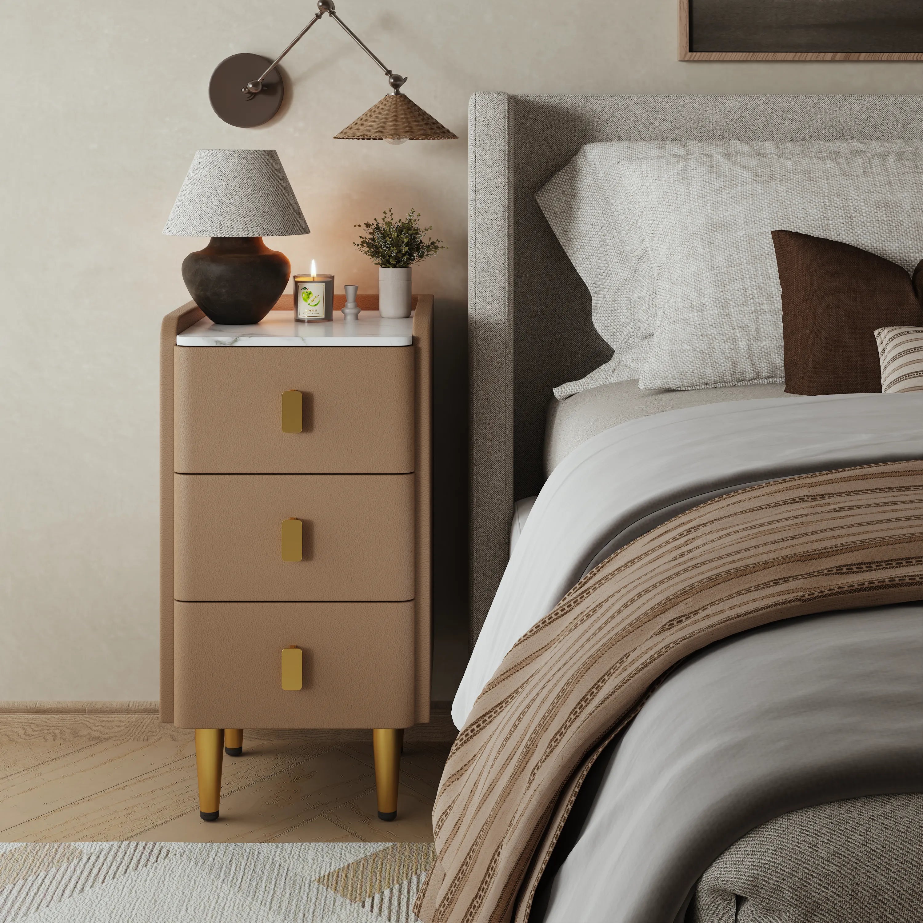 Leather Nightstand with Marble Top | 3 - Drawer Bedside Table with Gold Metal Legs - Kaslandi Furniture