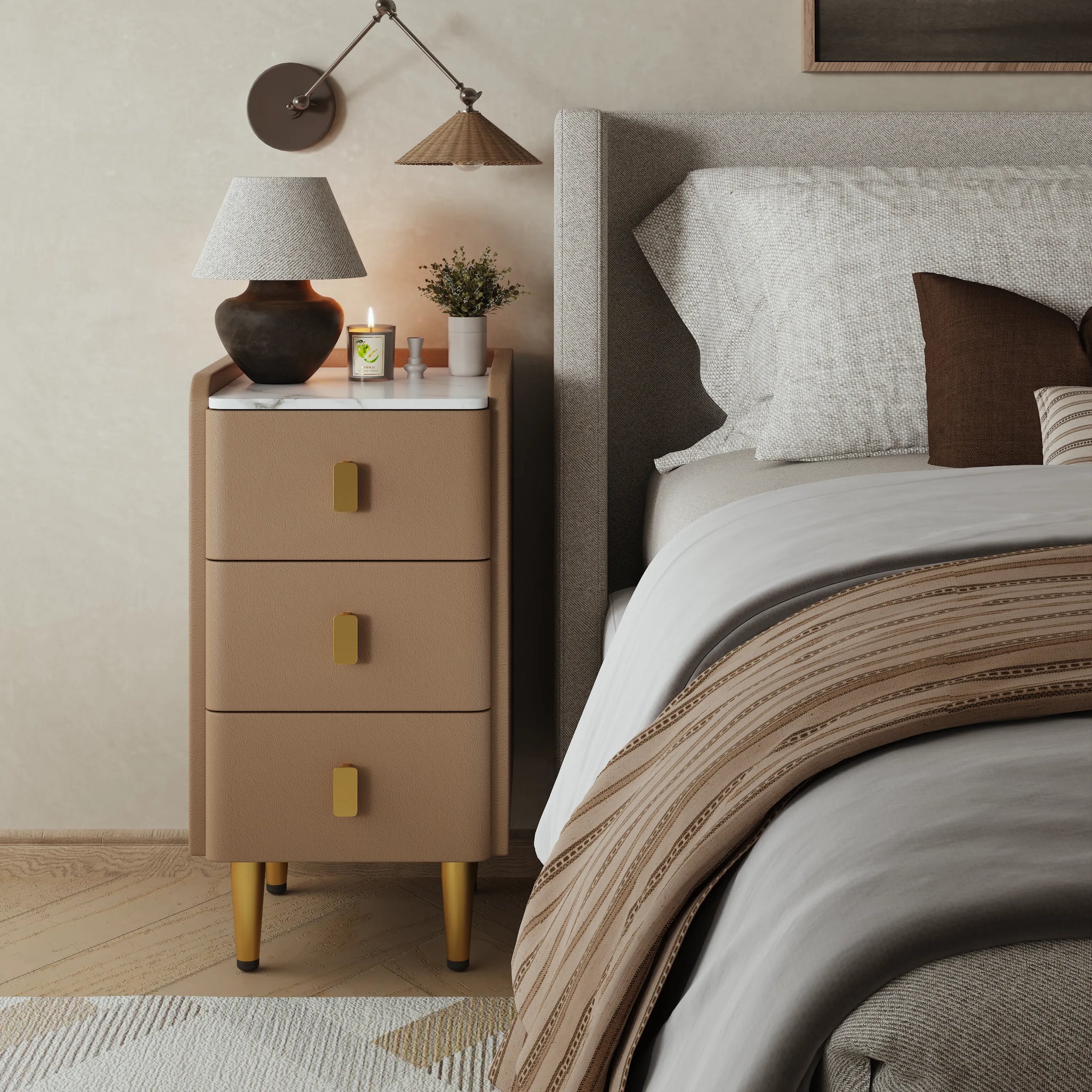 Leather Nightstand with Marble Top | 3 - Drawer Bedside Table with Gold Metal Legs - Kaslandi Furniture